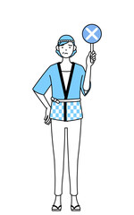 不正解を示す×の棒を持つ夏祭りの法被を着たシニア女性