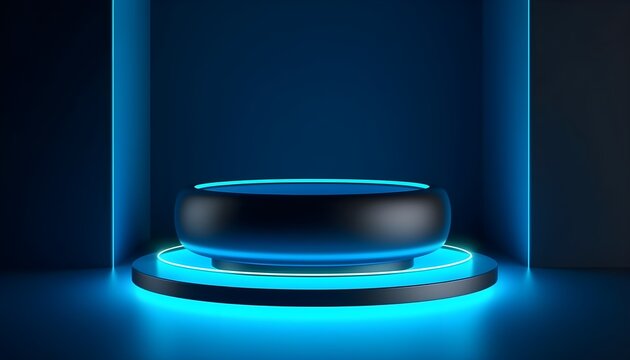 Beautiful minimalistic dark background for product presentation with podium with blue neon lights (KI-/AI-generiert)