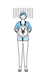 Fototapeta premium 為替差損や円安のイメージ、夏祭りの法被を着たシニア女性