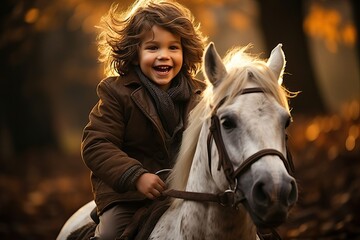 Obraz premium Kid ride horse, child with animal friend
