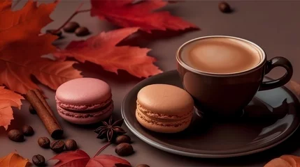 Foto op Canvas Coffee Composition with Marshmallows, Autumn Leaf, and Macaron. AI generated © PandaStockArt