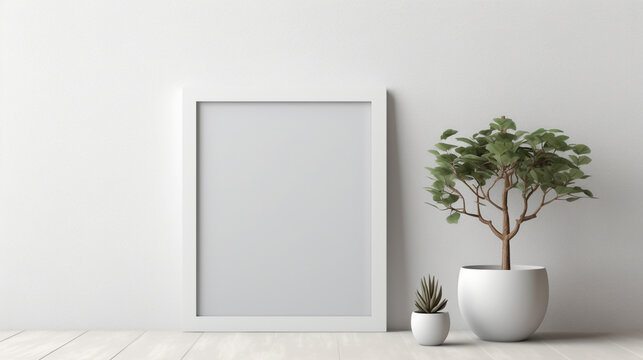 empty square frame mockup positioned on a white wall