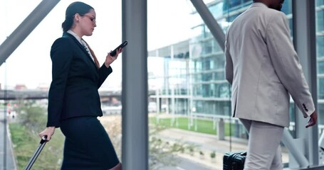 Walking, airport or businesswoman with phone on social media, internet post or website notification. Travel, luggage suitcase or lawyer texting on online networking mobile app to search for news info - Powered by Adobe