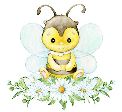 Cute bee, sitting, bouquet of daisies, watercolor cartoon-style clipart, on an isolated background.
