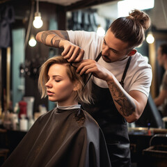 Hairdresser cutting a woman's hair. Generative AI.