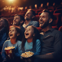 Fototapeta premium Happy family at the cinema. Generative AI.