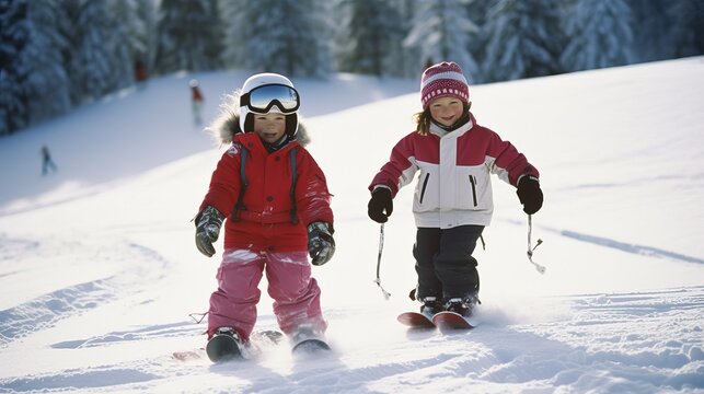 Kid play snow sport, ski and winter activity