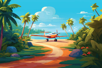 tropical island with palm trees and propeller plane