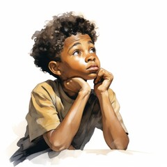 Fototapeta na wymiar Black boy in thinking and doubts pose watercolor illustration. Young male character with dreamy face on abstract background. Ai generated bright drawn poster.