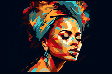 Fototapeta premium Portrait of beautiful african american woman. Vector art, abstract painting isolated on black. Black lives matter, BLM poster created with Generative AI technology