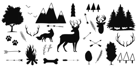 Gordijnen Graphic black silhouettes of wild deers, mountain, tree, arrow, wolf.  © jamalstudio