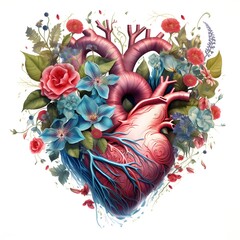 Illustration of a biological heart surrounded by flowers, in the style of photorealistic compositions, colorful palette, dynamic anatomy created with Generative AI technology