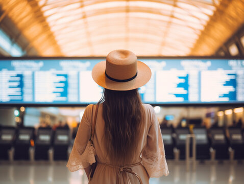 空港でフライトインフォメーションを見る女性 |  Woman looking at flight information at the airport. Generative AI