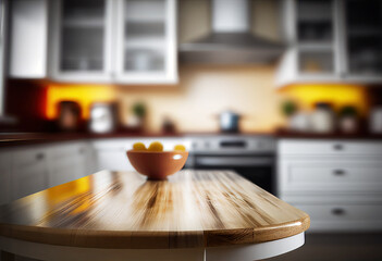 Table top with blurred kitchen interior background. High quality photo