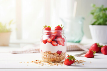  Jar of strawberry yogurt with granola