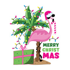 Merry Christmas - Funny flamingo in Santa hat, and candy cane. Palm tree with Christmas lights garland and gift box. Good for T shirt print, poster, greeting card, and other decoration for Xmas.