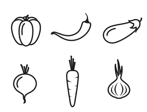 vegetable line icon set. bell pepper, eggplant, hot chili pepper, carrots, beetroot and onion. agriculture symbols