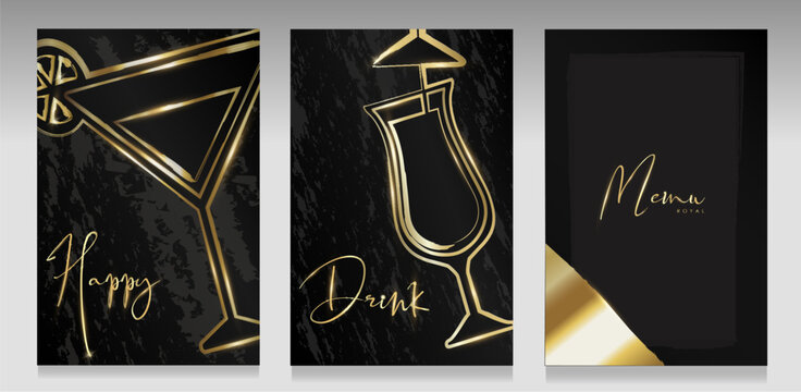 Golden cocktail glass luxury covers. Black and gold backgrounds, abstract dark grunge and bright sparks. Vector template for party, deluxe invitations, elegant brochure and menu.