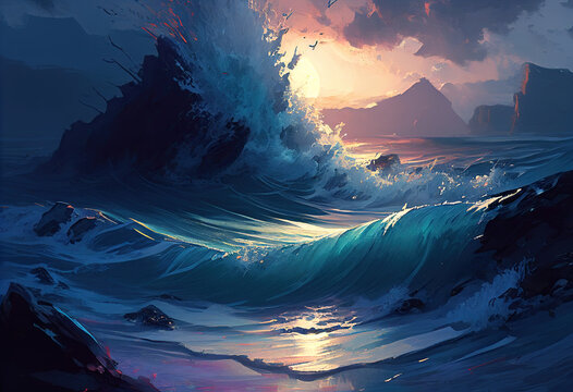 Beautiful sunset over the ocean. Storm at the ocean waves image. 