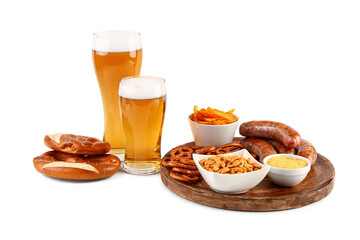 Glasses of cold beer and plate with different snacks on white background. Oktoberfest celebration