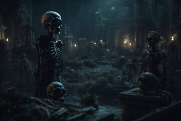 Human skeleton in the cemetery. Halloween. Generative AI.
