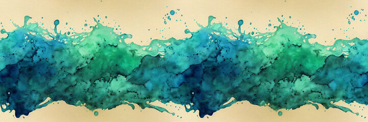 Obraz premium Abstract panoramic background. Colorful watercolor pattern of various natural shapes, green and teal spots and blurs, inspired by nature. Wide texture background with seamless pattern. Generative AI.
