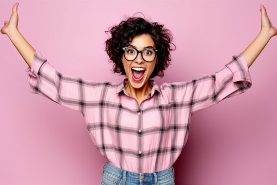 Woman dress plaid shirt in pink theme, excite and happy