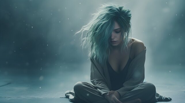 A sad woman sitting on the ground and thinking about her life, eyes closed, green hair - Generative AI