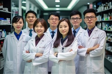 Pharmacist stand together in chemist lab, asian scientist