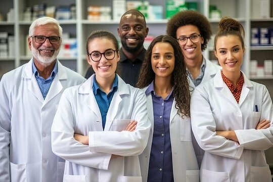 Pharmacist stand together in chemist lab
