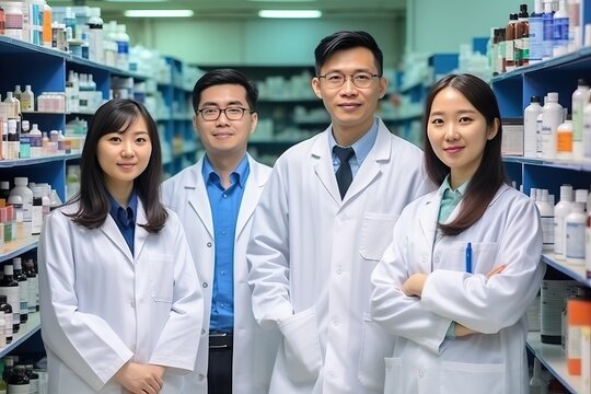 Pharmacist stand together in chemist lab, asian scientist