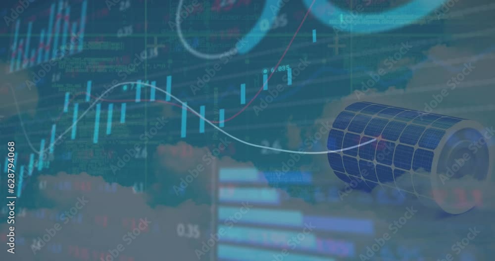 Poster animation of statistical and stock market data processing against clouds in the sky