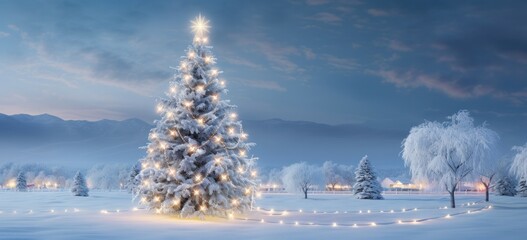 Snow covered Christmas tree adorned with garland lights. Winter wonderland holiday celebration.