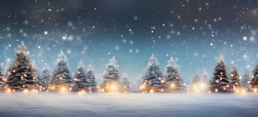 Fototapeta na wymiar Sparkling garland lights illuminate the snowy Christmas tree. Festive winter celebration.