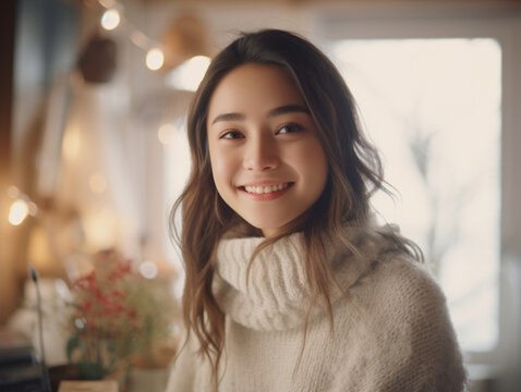 室内で暖かいニットを着た女性 |  Woman in warm knitwear indoors.  Generative AI