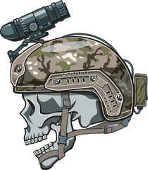 human skull wearing military helmet with nightvision