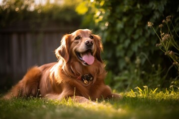 suburban happy summer dog portait in an outside summer home yard