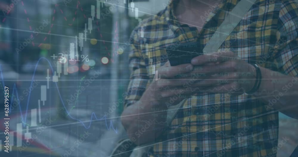 Poster animation of financial data processing over happy caucasian man using smartphone on the street