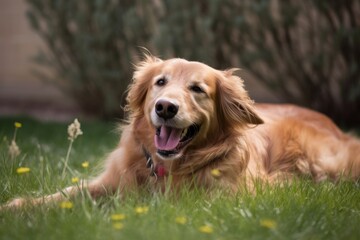 wide shot depth of field portrait of a happy golden retriever dog in a suburban neighborhood yard