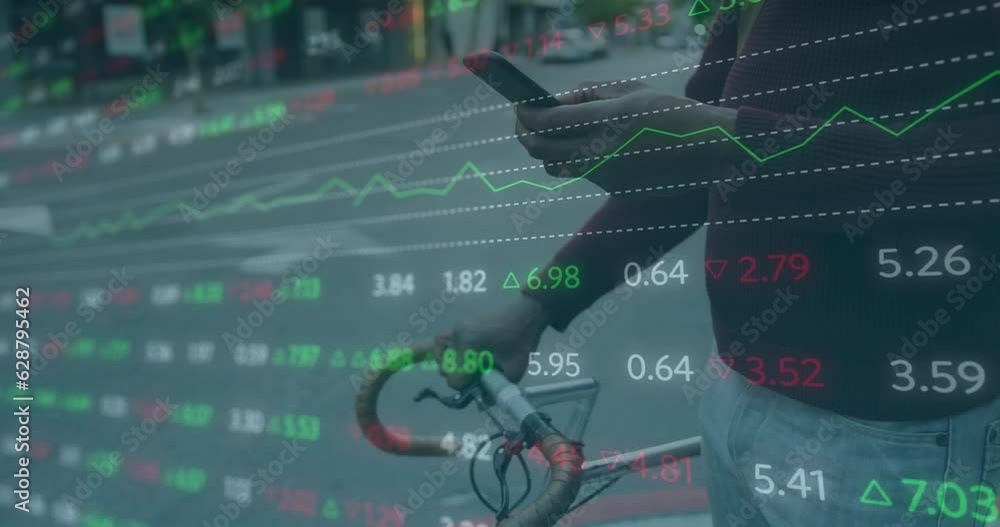 Poster animation of stock market data processing over mid section of a man using smartphone on the street