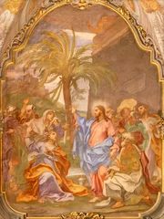  GENOVA, ITALY - MARCH 6, 2023: The fresco Christ in the with the St. Martha and Mary in the church Chiesa di Santa Marta from 17 cent. © Renáta Sedmáková