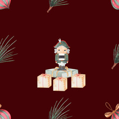 watercolor seamless pattern christmas nutcracker. festive pattern with nutcracker christmas toys and branches of a fir tree. perfect pattern for tablecloth, table napkins, bed linen, pajamas, wrapping
