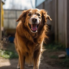 happy golden retriever in a tranquil neighborhood yard summer portrait