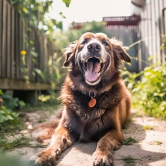 happy golden retriever in a tranquil neighborhood yard summer portrait
