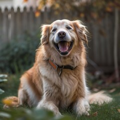 happy golden retriever in a tranquil neighborhood yard summer portrait