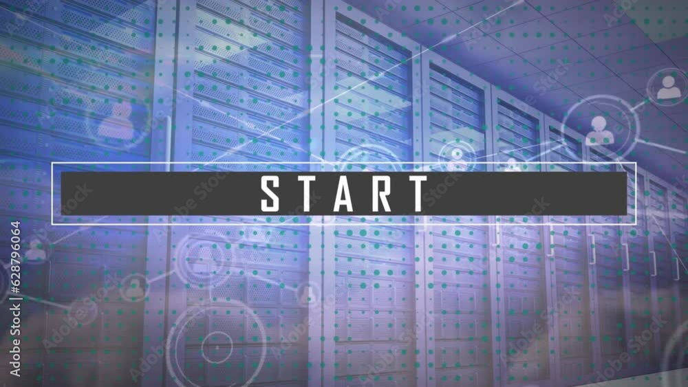 Poster animation of start text banner, network of profile icons against computer server room