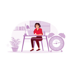 Businesswoman is working alone at an office desk late into the night. Trend Modern vector flat illustration