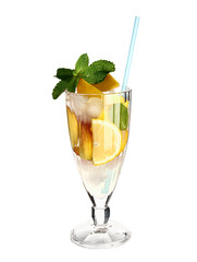 Glass of fresh peach lemonade with mint on white background