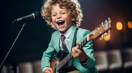 Obraz premium Junior entertainer! A funny child playing the guitar and putting on a charming show for their audience Generative AI