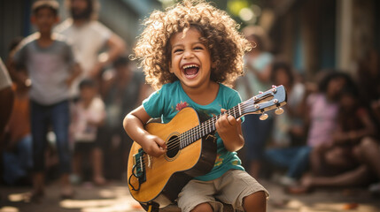 Unconventional jam session! A child rocking out on their toy guitar, lost in the joy of music Generative AI - obrazy, fototapety, plakaty